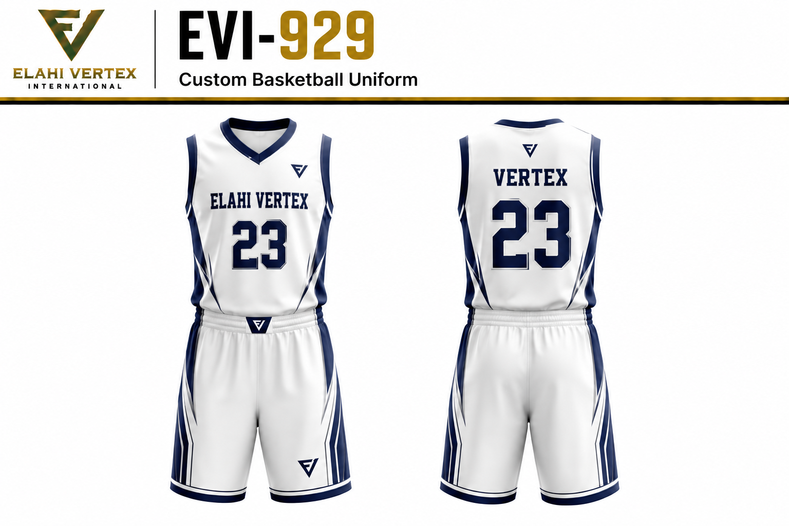 EVI-929 Custom Basketball Uniform Front and Back | Elahi Vertex International EVI-929 Custom Basketball Uniform by Elahi Vertex International shown in white and navy front and back views