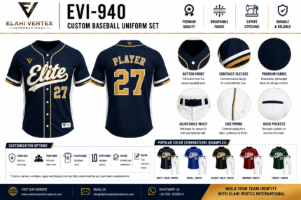EVI-940 Custom Baseball Uniform Set jersey collar sleeves waistband piping and customization details