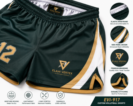 EVI-917 Custom Volleyball Shorts close-up showing lightweight fabric, elastic waistband, stitching, side panels and custom branding