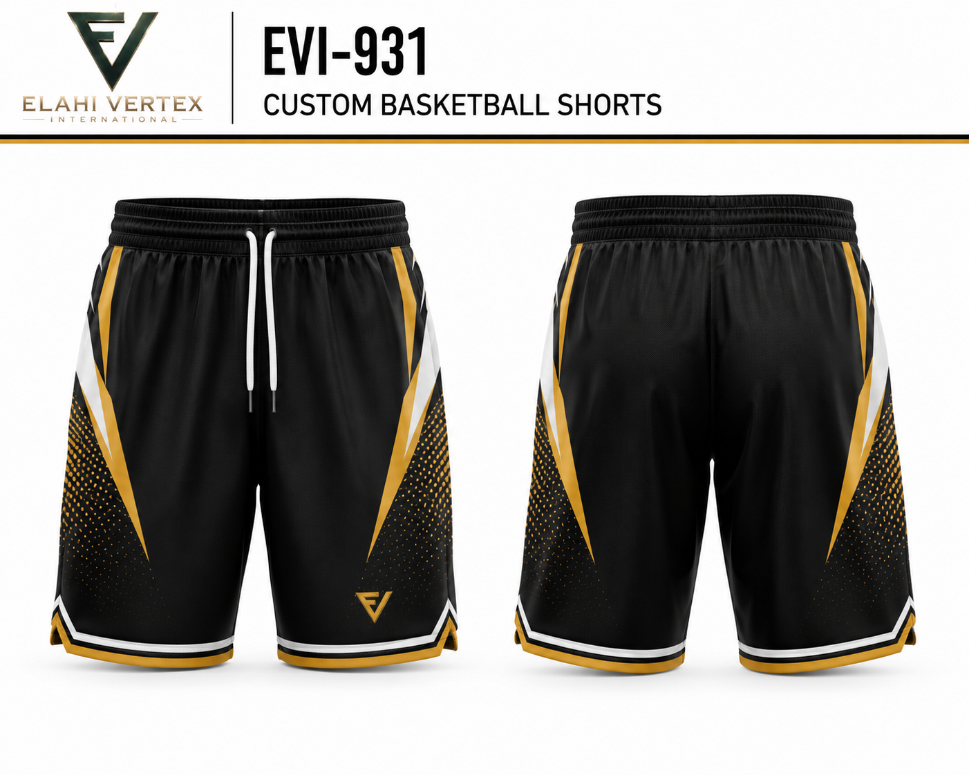 EVI-931 Custom Basketball Shorts ā Front and Back EVI-931 Custom Basketball Shorts front and back view by Elahi Vertex International