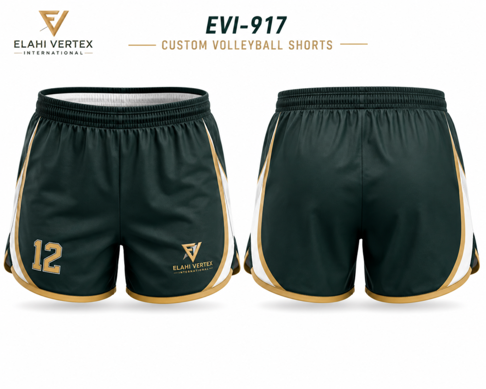 EVI-917 Custom Volleyball Shorts front and back in forest green, white and gold by Elahi Vertex International