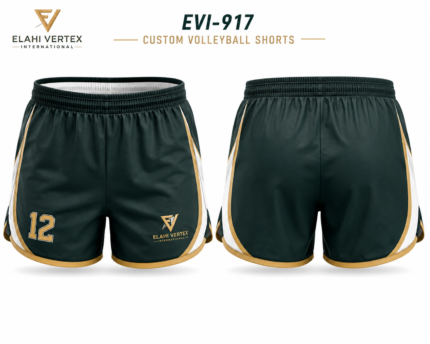 EVI-917 Custom Volleyball Shorts front and back in forest green, white and gold by Elahi Vertex International