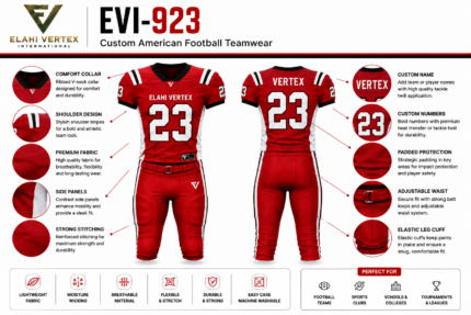 EVI-923 Custom American Football Teamwear by Elahi Vertex International with detailed jersey and pants construction views