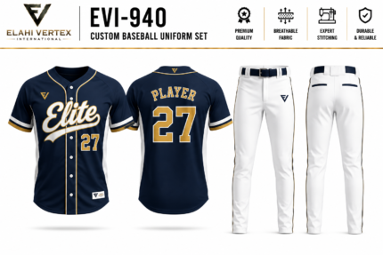 EVI-940 Custom Baseball Uniform Set front and back navy gold jersey with white baseball pants