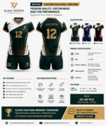 EVI-916 Custom Volleyball Uniform B2B specification sheet with colors, features, customization, sizes and wholesale MOQ