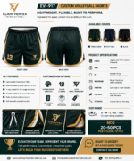 EVI-917 Custom Volleyball Shorts B2B specification sheet with colors, customization, sizing, features and wholesale MOQ