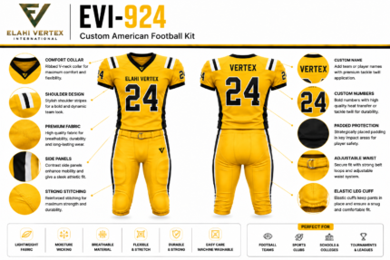 EVI-924 Custom American Football Kit by Elahi Vertex International with detailed jersey and pants construction views