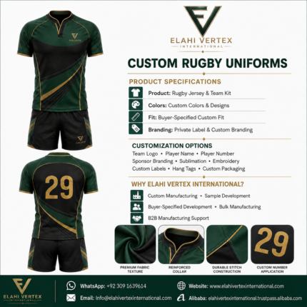 Custom rugby uniform specifications with jersey, shorts and branding options