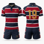Striped custom rugby uniform EVI-902 with matching jersey, shorts and player number