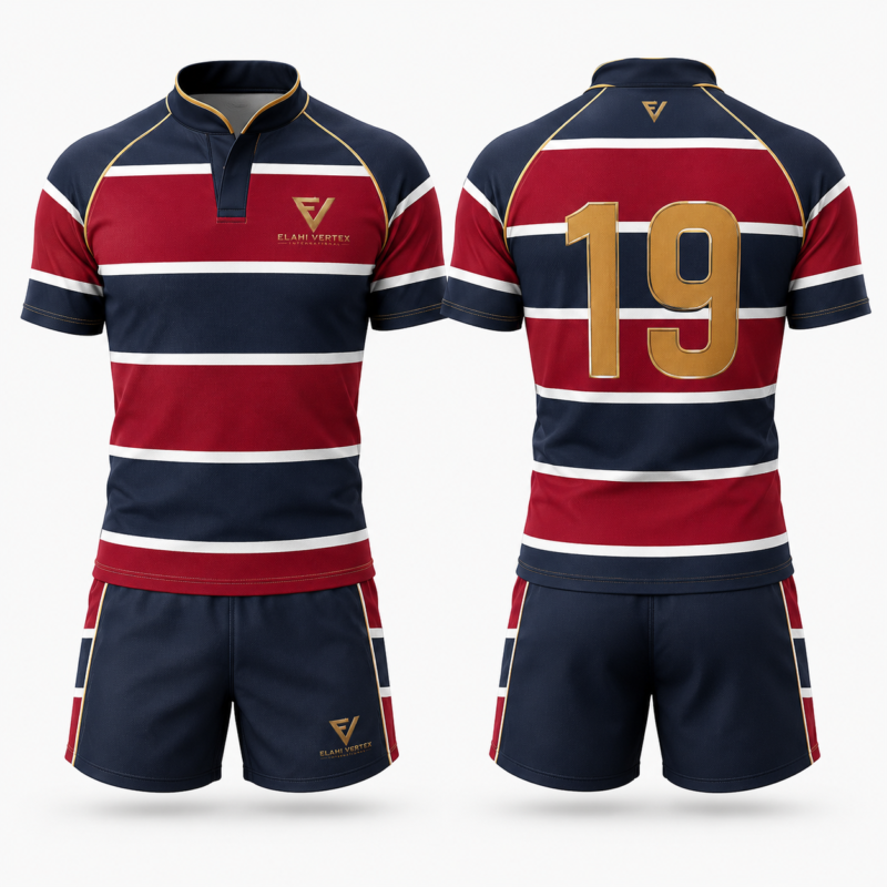 Striped custom rugby uniform EVI-902 with matching jersey, shorts and player number