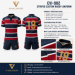 Striped custom rugby uniform EVI-902 front and back views with jersey, shorts, player number and specification details
