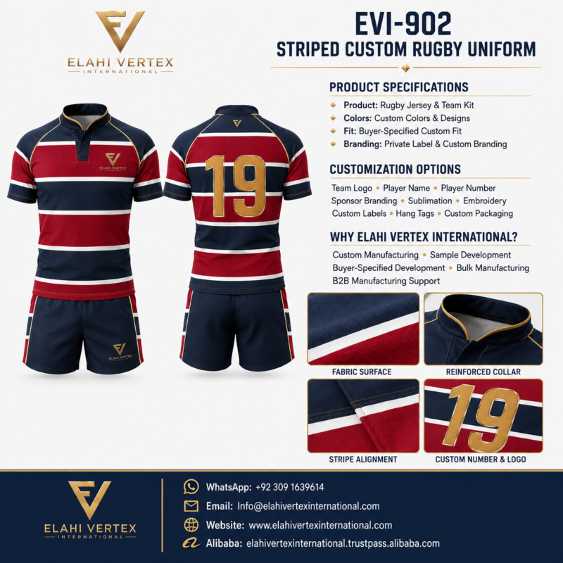 Striped custom rugby uniform EVI-902 front and back views with jersey, shorts, player number and specification details