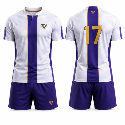 Vertical stripe custom rugby uniform EVI-903 front and back views with matching jersey, shorts, player number 17 and team logo placement