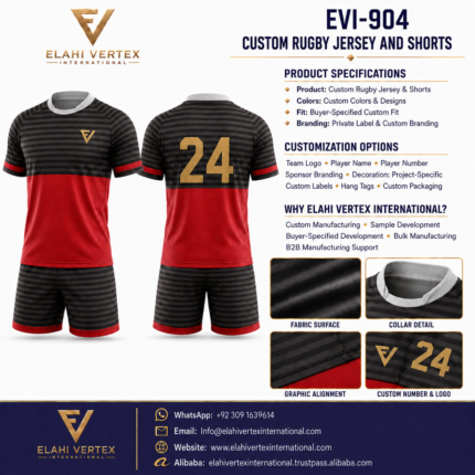 Custom rugby jersey and shorts EVI-904 front and back views with player number 24, branding options and product details