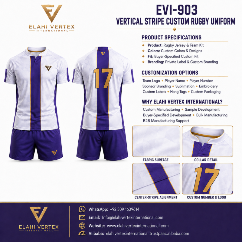 Vertical stripe custom rugby uniform EVI-903 front and back views with jersey, shorts, number 17 and specification details