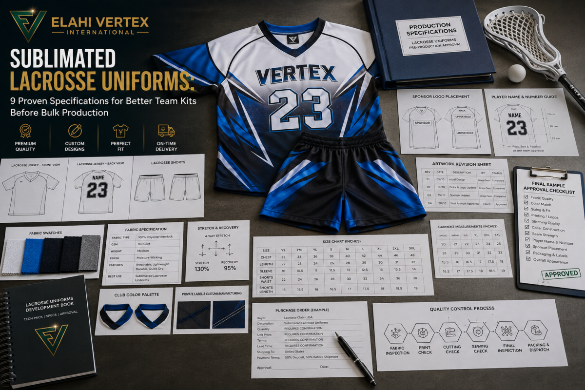 Sublimated lacrosse uniforms with custom jersey, shorts, artwork and team kit specifications