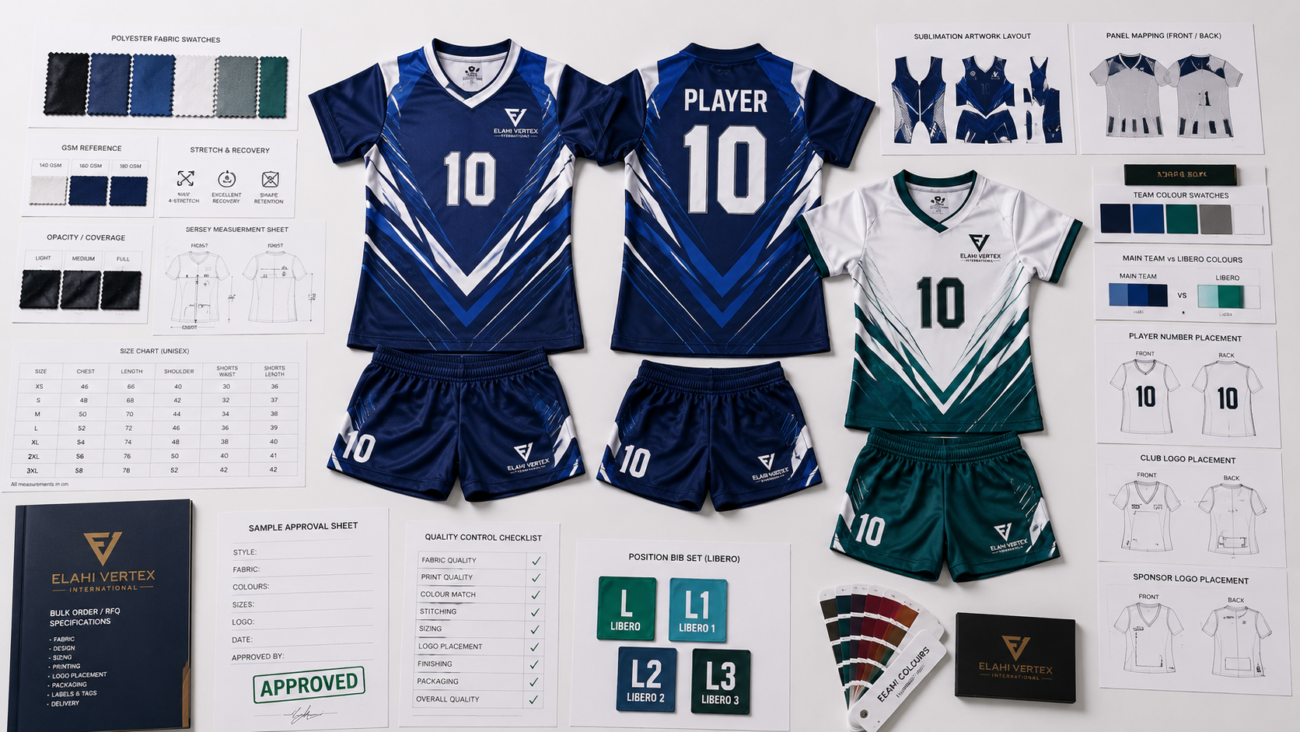 Sublimated volleyball uniforms with custom jersey, shorts, libero kit and team specifications