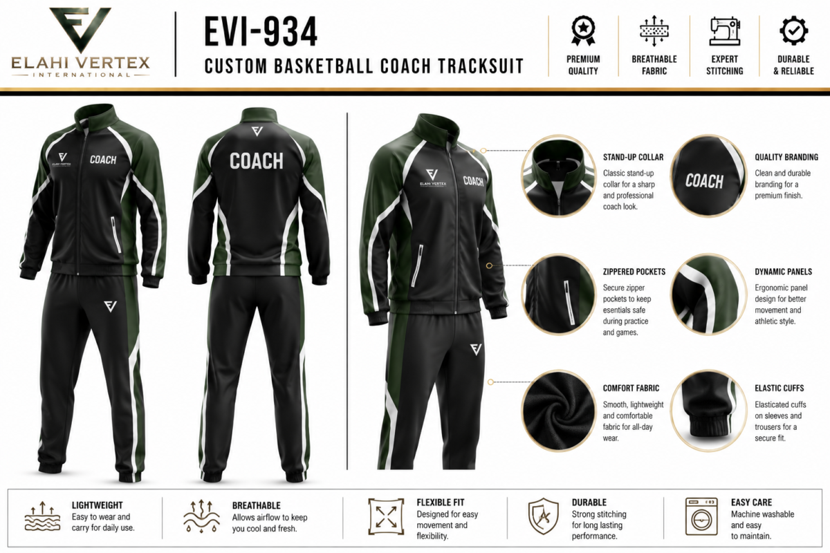 EVI-934 Custom Basketball Coach Tracksuit jacket pants collar pockets cuffs and panel detailsEVI-934 Custom Basketball Coach Tracksuit jacket pants collar pockets cuffs and panel details