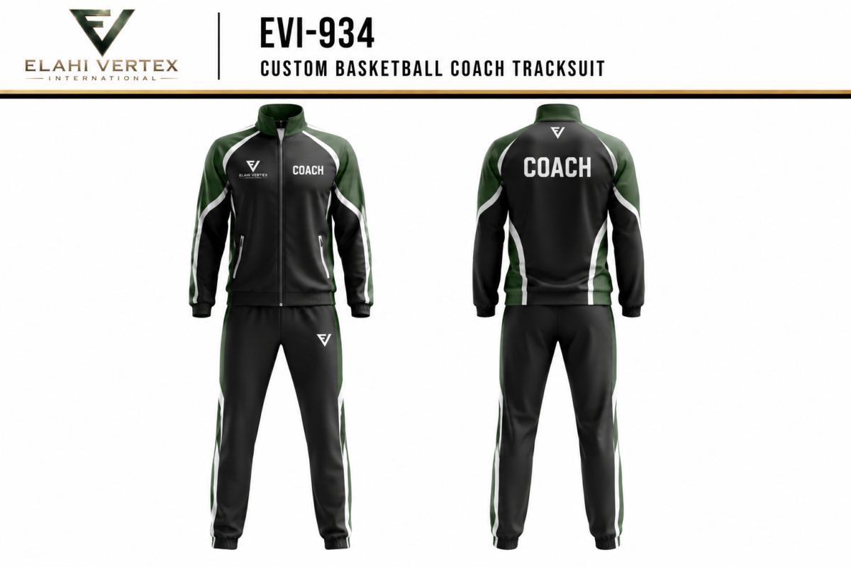 EVI-934 Custom Basketball Coach Tracksuit front and back black green jacket and pants set