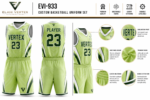 EVI-933 Custom Basketball Uniform Set sublimation design jersey shorts construction and detail view