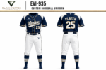 EVI-935 Custom Baseball Uniform front and back navy jersey with white baseball pants