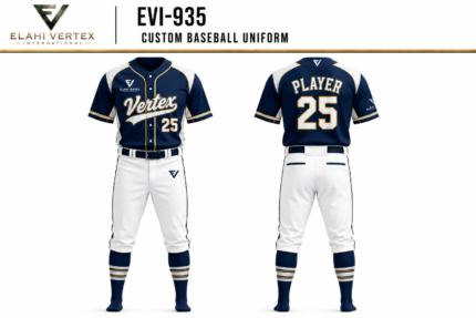 EVI-935 Custom Baseball Uniform front and back navy jersey with white baseball pants