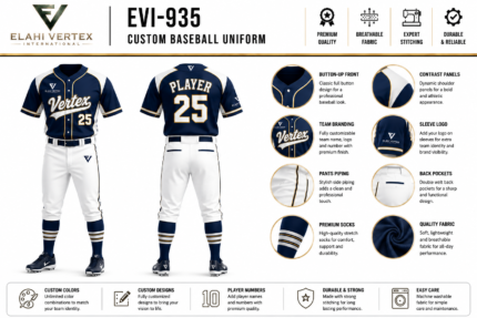 EVI-935 Custom Baseball Uniform jersey pants button front piping and team branding details