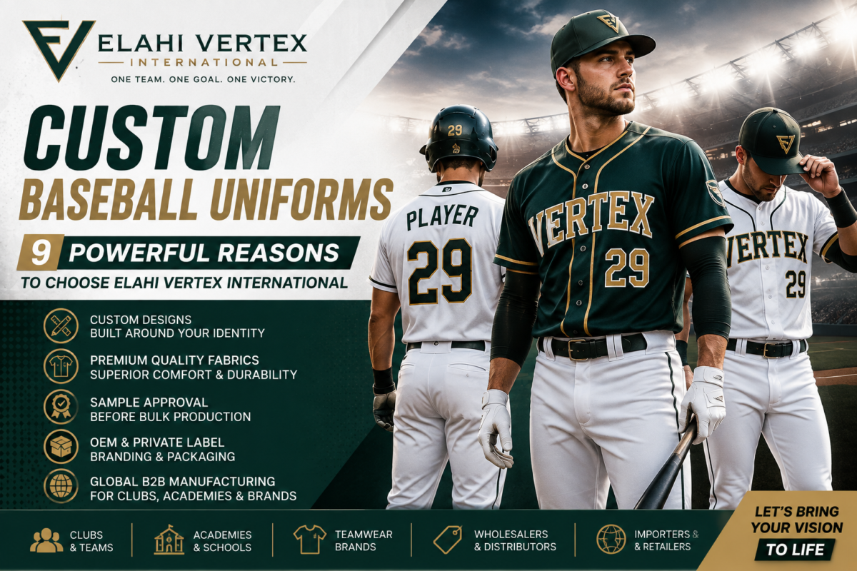 Custom baseball uniforms by Elahi Vertex International for clubs, academies, teams and private label brands