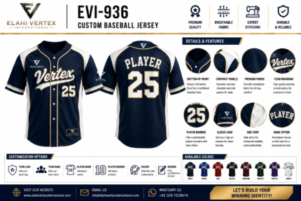 EVI-936 Custom Baseball Jersey button front contrast panels team branding and player number details