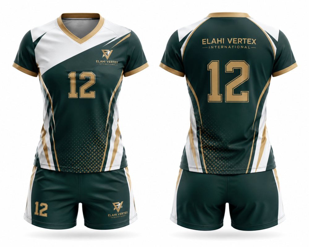 EVI-916 Custom Volleyball Uniform front and back in forest green, white and gold by Elahi Vertex International