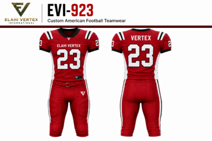 EVI-923 Custom American Football Teamwear by Elahi Vertex International shown in red front and back uniform views