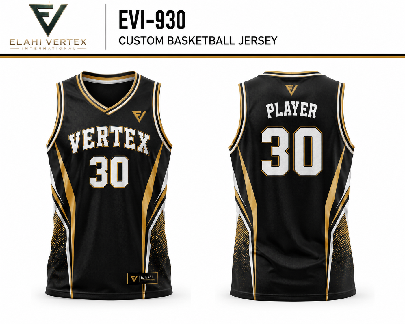 EVI-930 Custom Basketball Jersey ā Front and Back EVI-930 Custom Basketball Jersey front and back view by Elahi Vertex International