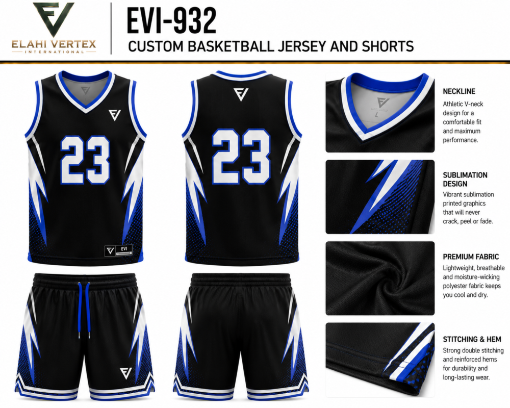 EVI-932 Custom Basketball Jersey and Shorts sublimation and construction details