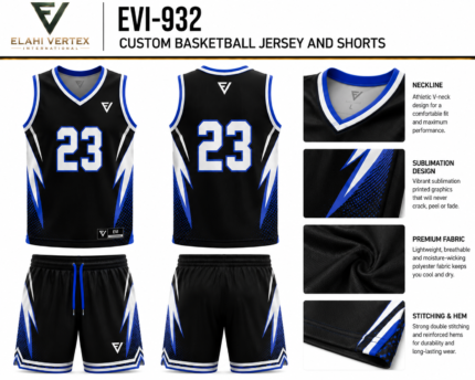 EVI-932 Custom Basketball Jersey and Shorts sublimation and construction details