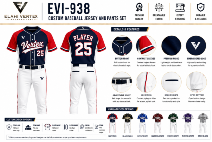 EVI-938 Custom Baseball Jersey and Pants Set button front sleeves waistband piping and customization details