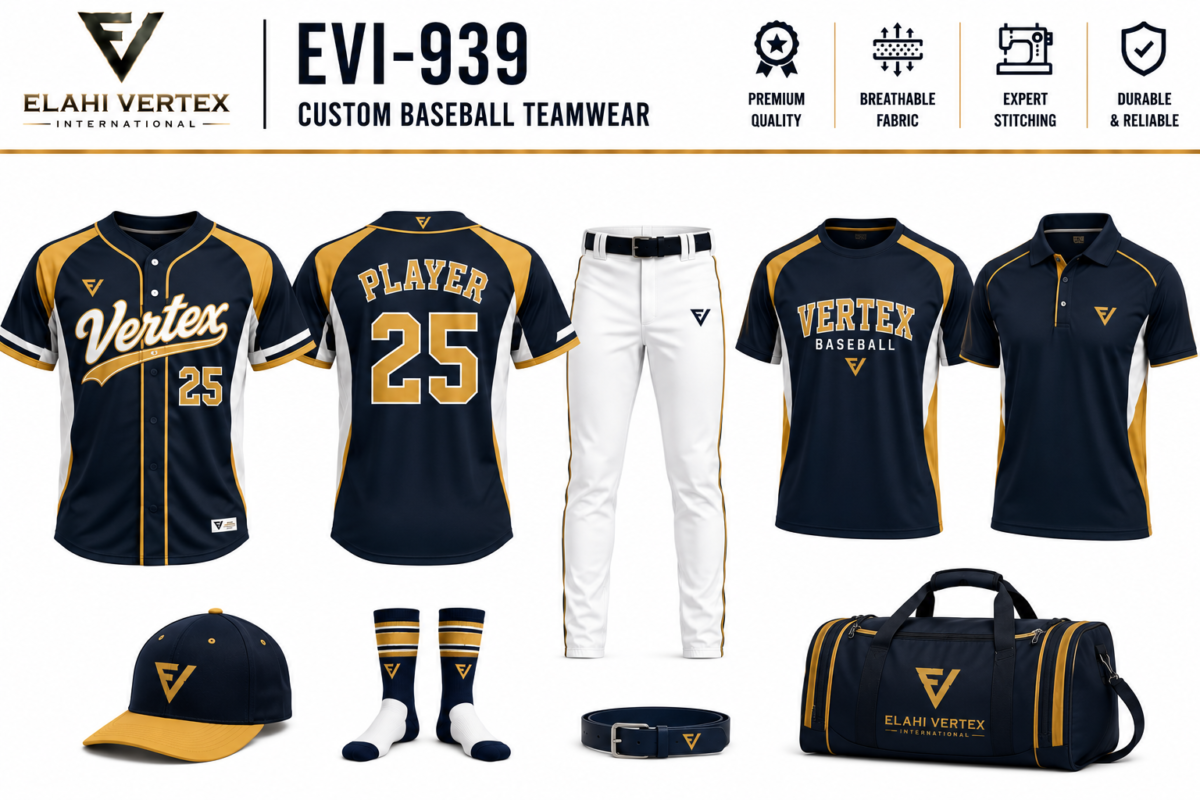 EVI-939 Custom Baseball Teamwear navy gold and white coordinated baseball apparel collection