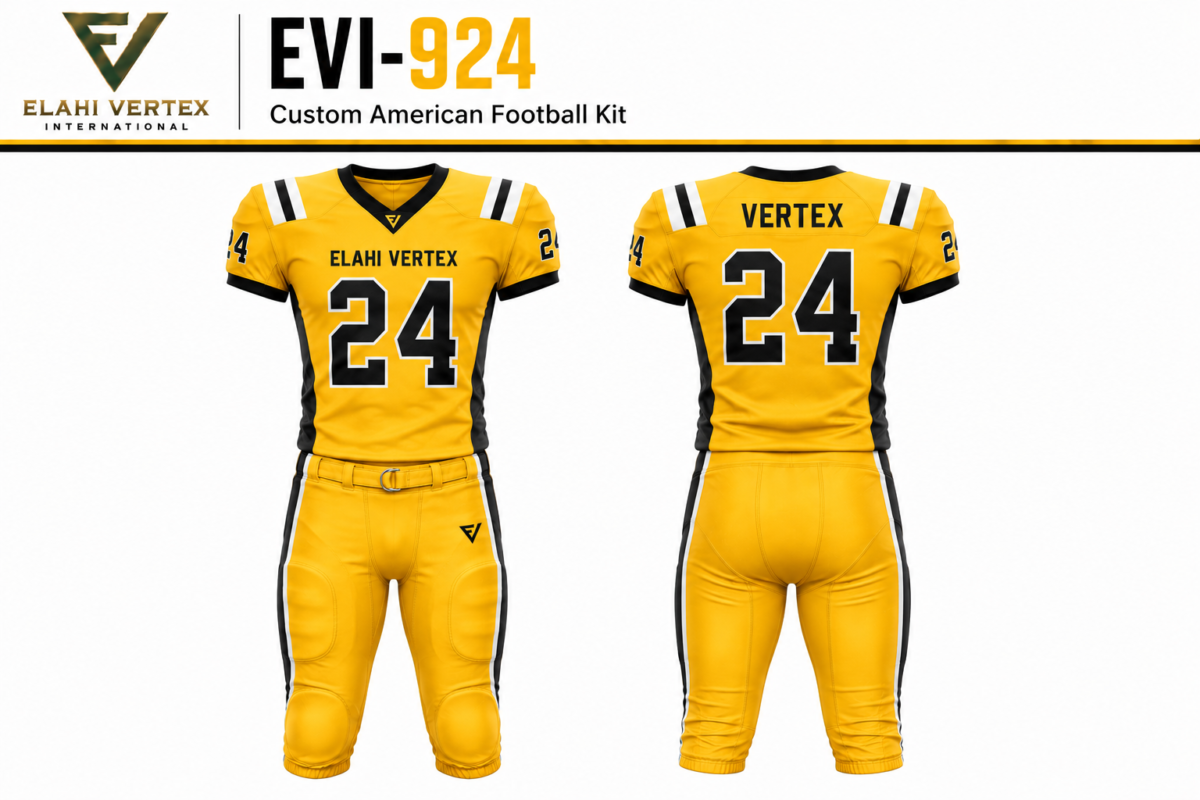 EVI-924 Custom American Football Kit by Elahi Vertex International shown in yellow front and back uniform views