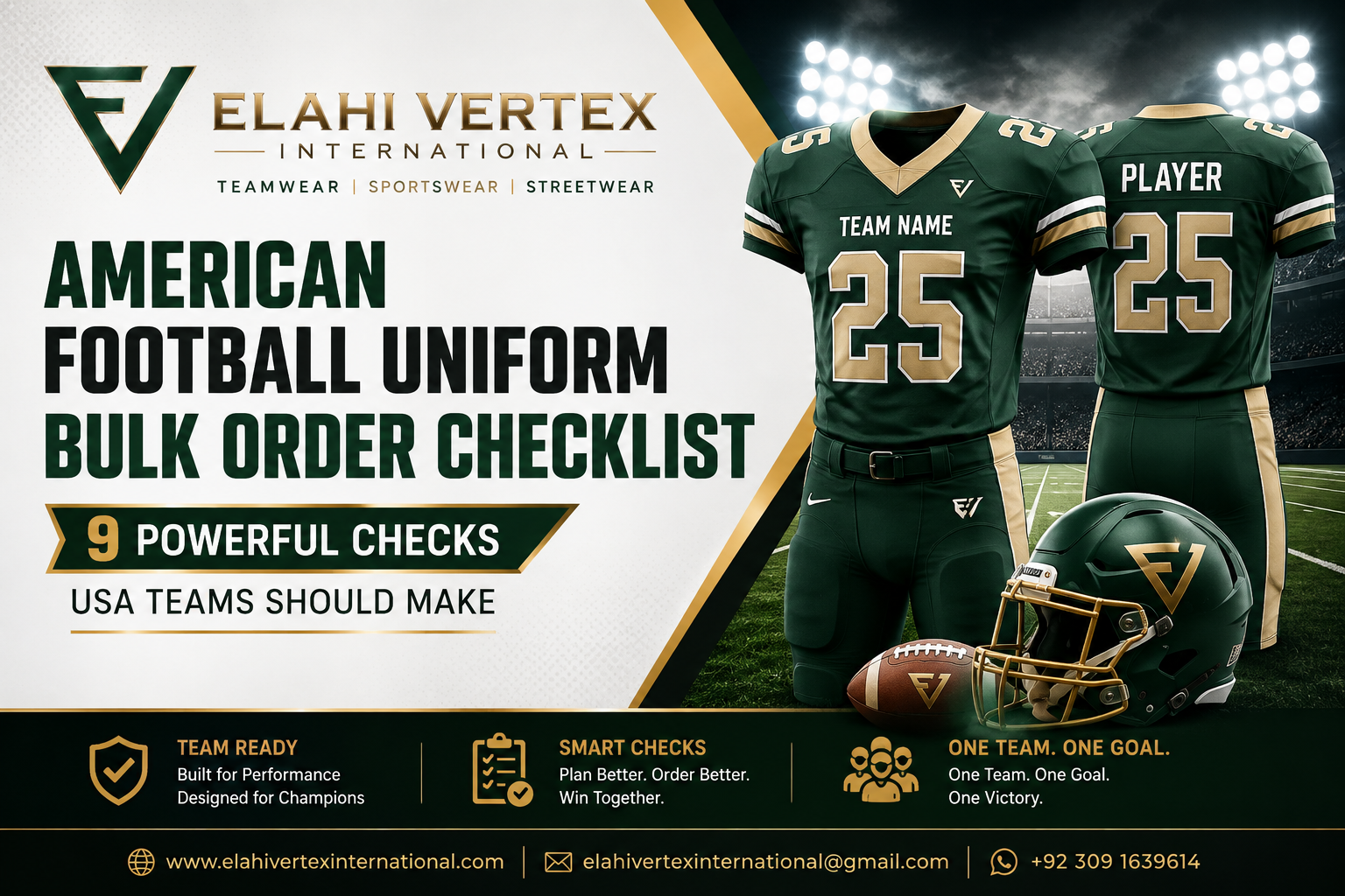 American football uniform bulk order checklist for USA teams