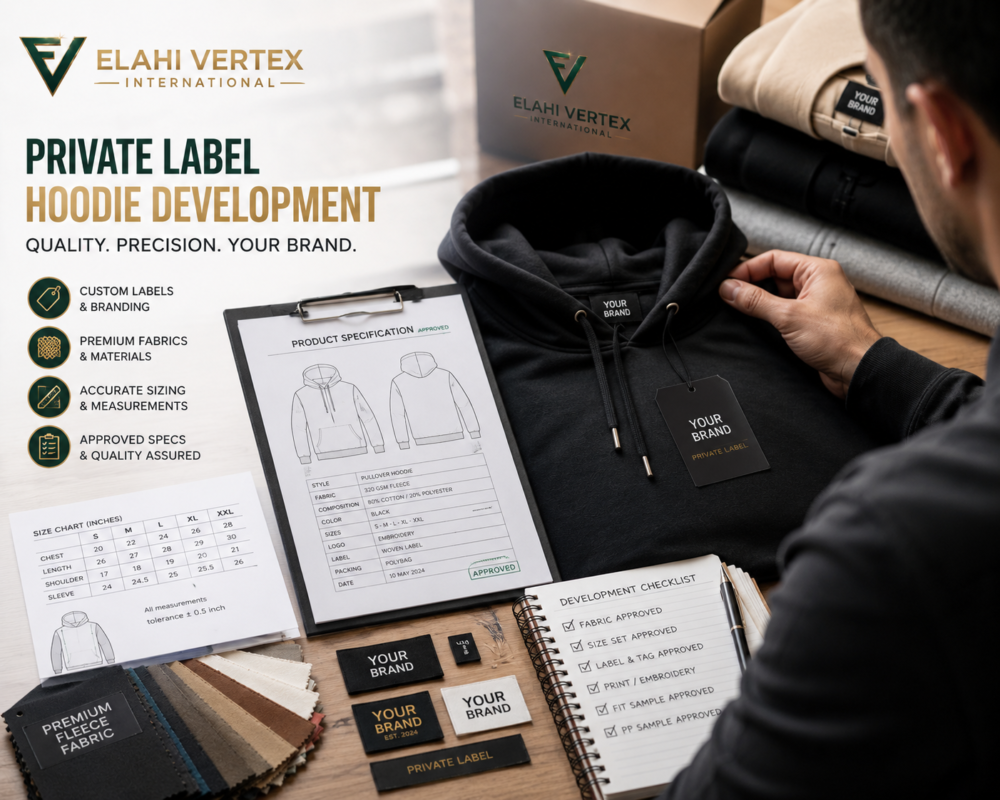 private label hoodie buyer reviewing sample and specifications