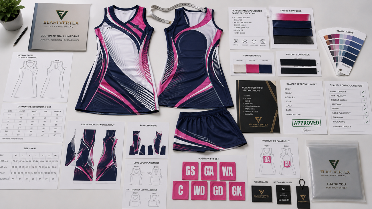 Sublimated netball uniforms with custom dress, position bibs, fabric and team kit specifications