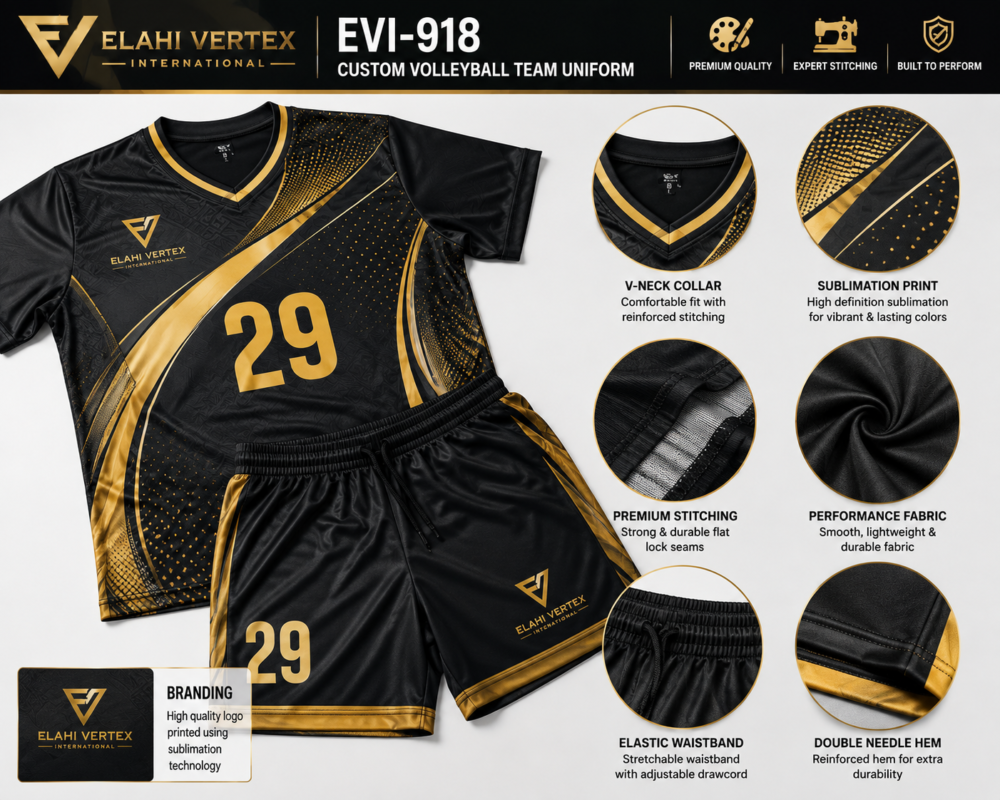 Close-up details of EVI-918 Custom Volleyball Team Uniform in black and gold by Elahi Vertex International