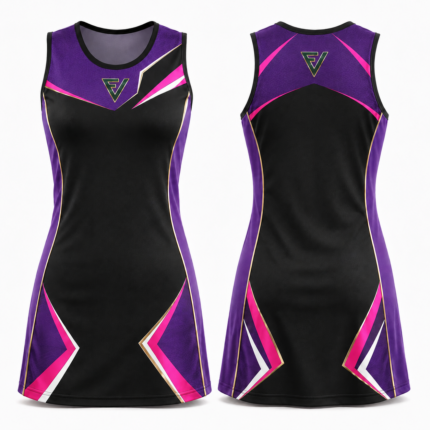 Sleeveless netball dress EVI-906 with blue and green panel design and team-name placement