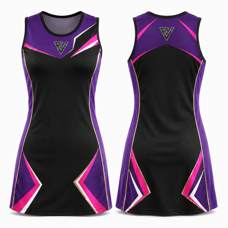 Sleeveless netball dress EVI-906 with blue and green panel design and team-name placement