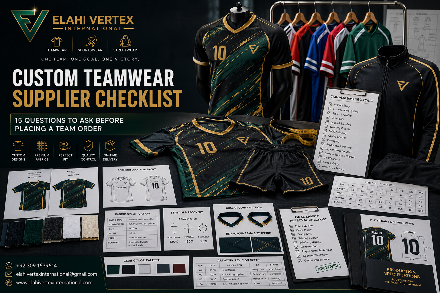 Rugby uniform specifications with jersey, shorts, fabric swatches, size chart and artwork approval documents