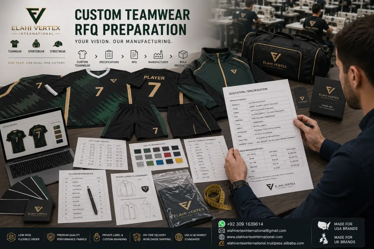 Custom teamwear RFQ with jerseys, size chart, fabric swatches and manufacturing specifications