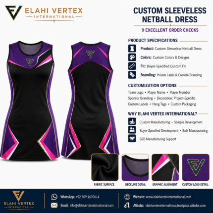 Sleeveless netball dress EVI-906 front and back views with specifications and 9 order checks