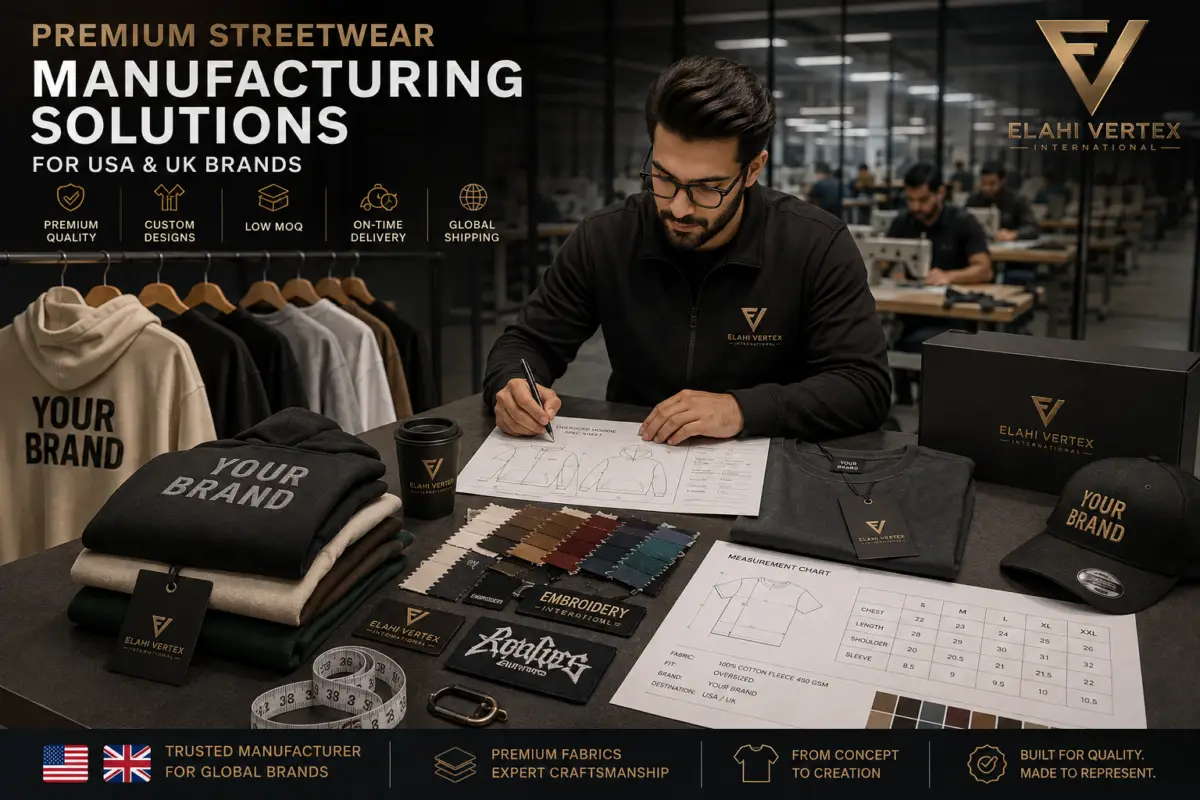 Custom streetwear manufacturer reviewing clothing samples and production specifications