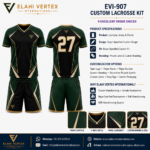 Custom lacrosse kit EVI-907 specification sheet with jersey and shorts
