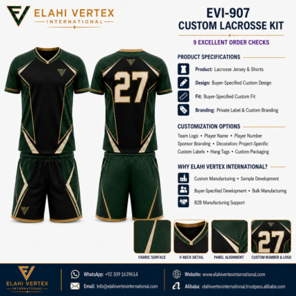 Custom lacrosse kit EVI-907 specification sheet with jersey and shorts