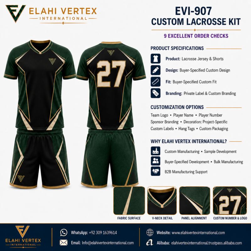 Custom lacrosse kit EVI-907 specification sheet with jersey and shorts